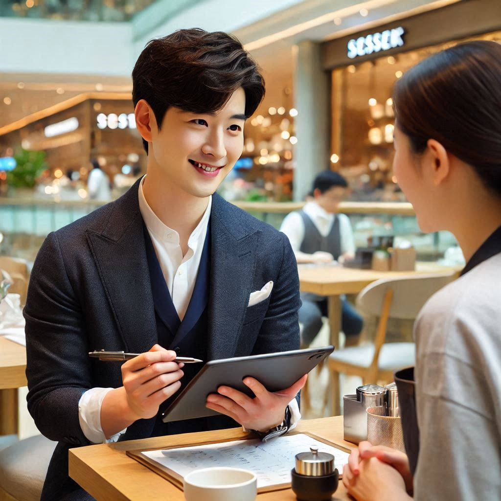 외식업 프랜차이즈 점포개설팀 업무를 하는 한국인 남자직원이 서울에서 상가를 찾고 상담자와 상담하는 이미지.png